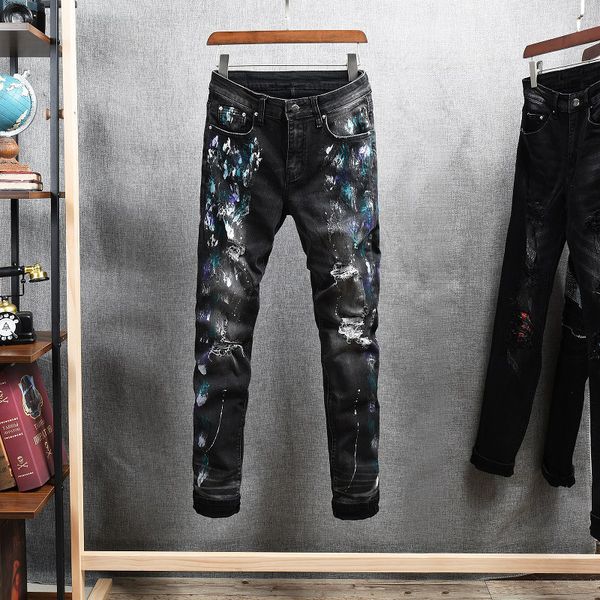 

2021 new fashion streetwear men jeans elastic cotton slim fit painted designer destroyed ripped denim punk pants hip hop patches trousers xb, Blue
