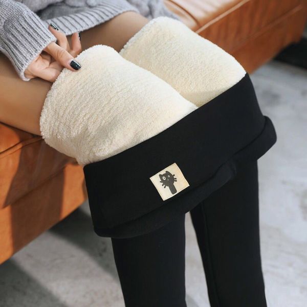 

winter warm leggings pants thick velvet wool fleece women trousers lambskin cashmere pants for women leggings dropshipping 201202, Black