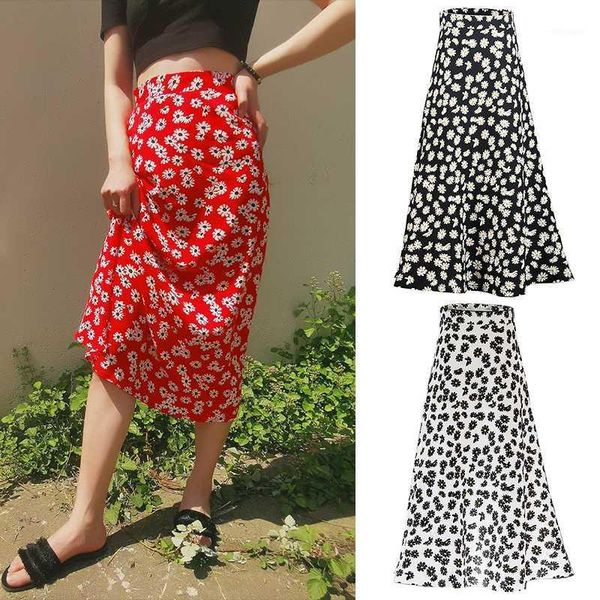 

bohemian summer ladies floral small daisy print lotus leaf skirt cute sweet mid-length skirt1, Black