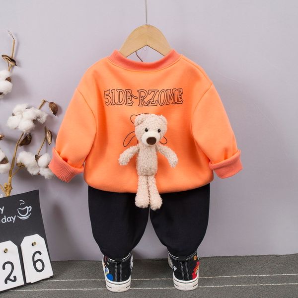 

warm thick boys clothes with toy bear 2020 autumn baby velvet t-shirt pants 1 2 3 4 5 years kids children tracksuit c1016, White