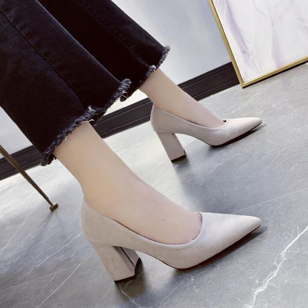 

vintage faux suede thick high heels pumps women elegant pointed toe heels shoes woman 2020 spring fashion office shoes1, Black