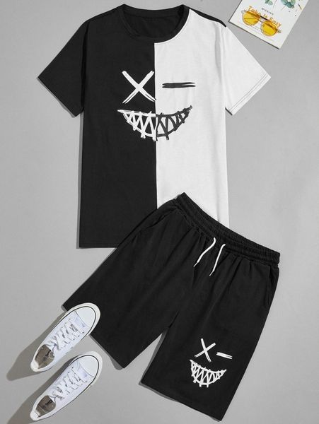 

men two tone graphic print tee & track shorts 63rg#, Gray