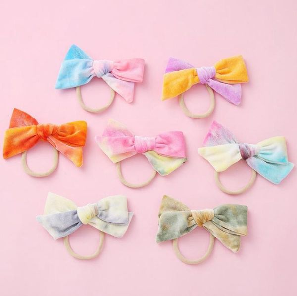 

tie dye baby headband velvet bow elastic hairband nylon head bands knot newborn turban infant headwear 6 colors, Slivery;white