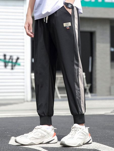 

men patched detail contrast sideseam pants f0w8#, Black