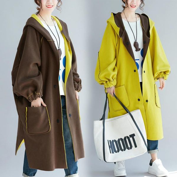 

oversized plus size women wool blends hooded coat fashion ladies both side wear overcoat 2021 winter warm casual outerwear, Black