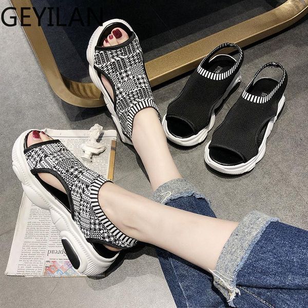 

dress shoes knitted elastic mesh open toe platform sandals women 2021 summer fashion hollow slip-on gingham casual female, Black