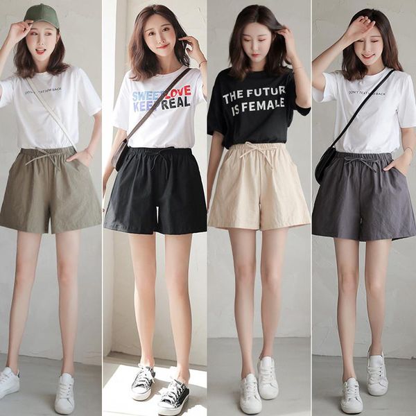 

women's shorts tied short pants women black for girls summer fashion style middle waist with pocket soft cotton plus size s-xl, White;black