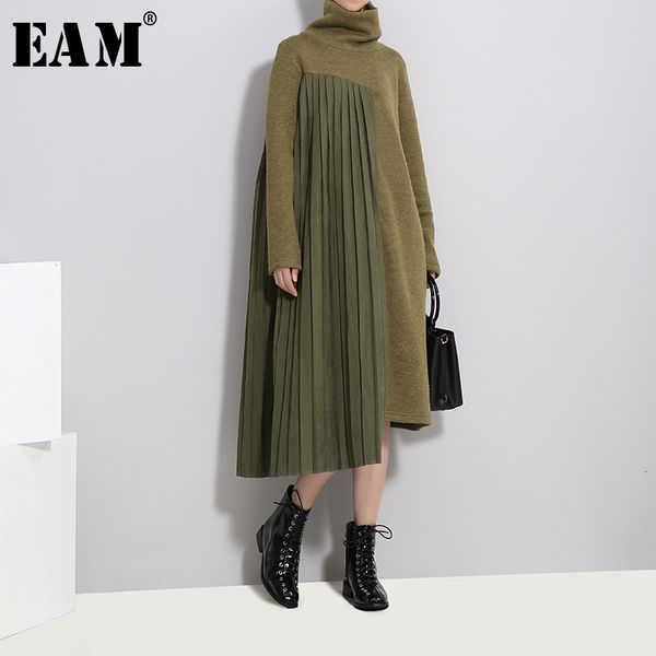 

[eam] women asymmetrical pleated knitting dress new high collar long sleeve loose fit fashion tide spring autumn 2020 19a-a281 y200805, Black;pink