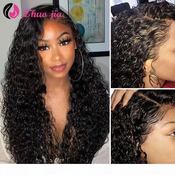 

zhuo jia lace front human hair wig 13x6 water wave human hair wig 150 density brazilian pre-plucked with baby hair for women, Black