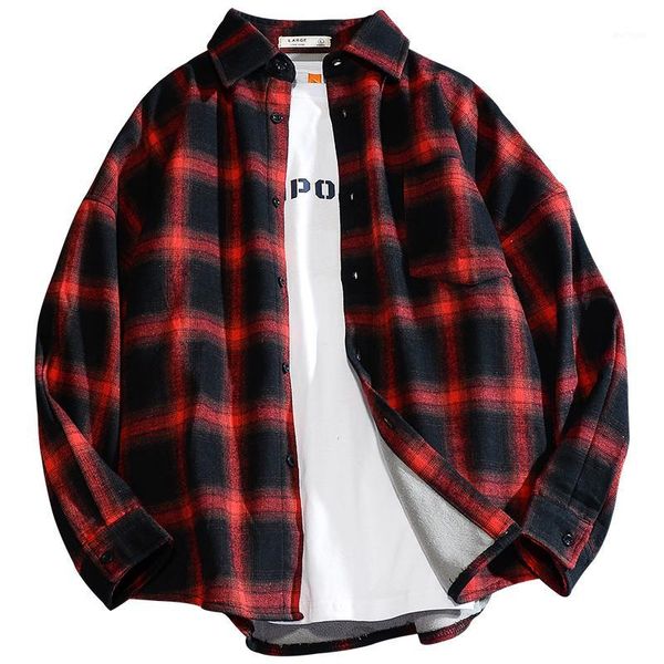 

long sleeve red black shirt men's thick autumn winter korean loose casual shirt students plus size thick plaid jacket menb501, White;black