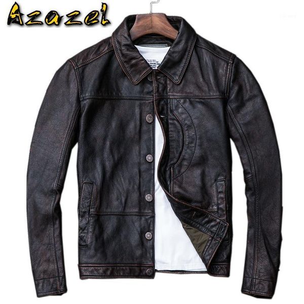 

men's leather & faux real cowhide genuine jacket men short vintage autumn cow jackets and coats motorcycle veste cuir homme kj22931, Black