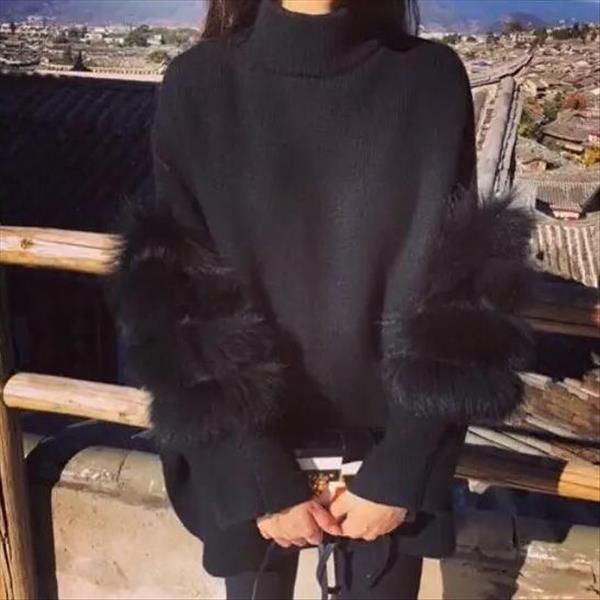 

fluffy women sweater oversized turtle neck fur sleeve black white autumn winter knited pullover femme pull back zipper dw699, White;black