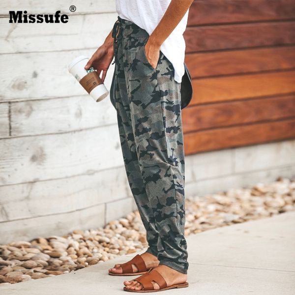 

missufe camouflage print long pant women pocket bandage full length trousers female sporwear workout loose pants retro y200114, Black;white