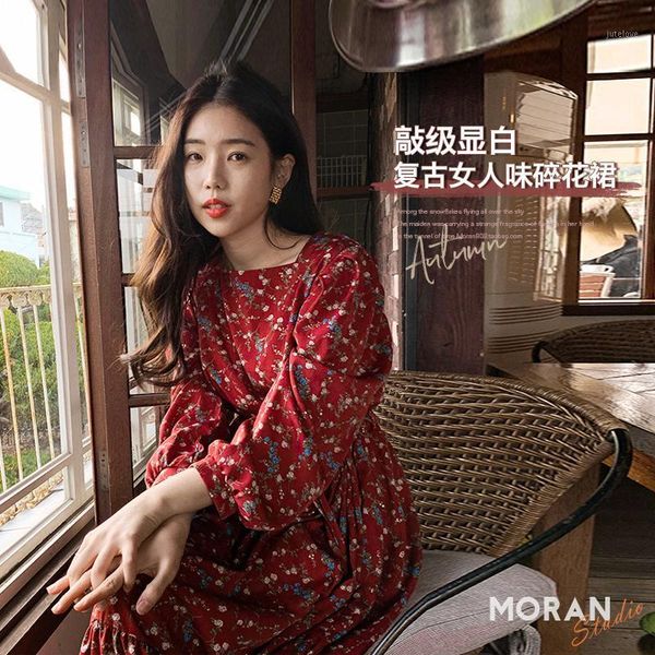 

so beautiful red flower print one piece dress long puff sleeve autumn lady robe longue vestido largo1, Black;gray