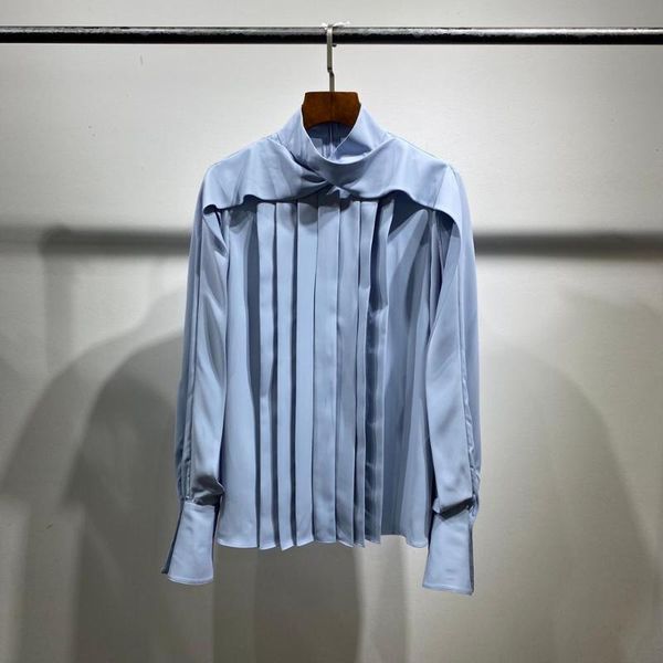 

227460 blue yellow women long sleeve blouse elegant lady front pleat vintage shirt, White