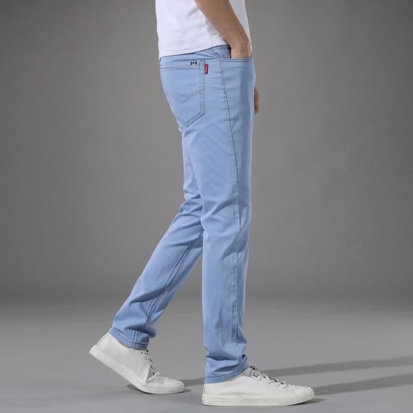 

jeans thin straight loose elastic youth casual versatile pants light men's summer, Blue