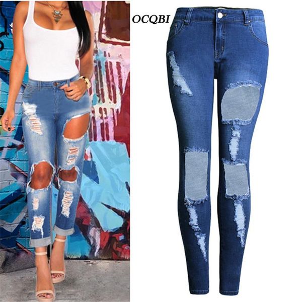 

plus size 2020 skinny distressed jeans women mom streetwear skinny boyfriend high waist denim jeans, Blue