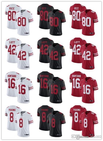 

mens womens youth san francisco 49ers 8 steve young red 16 joe montana black 42 ronnie lott white 80 jerry rice football jerseys, Black;red