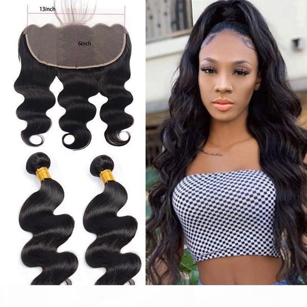 

indian raw virgin hair body wave bundles with 13x6 lace frontal with baby hair natural color 3pcs lot body wave human hair wefts, Black;brown