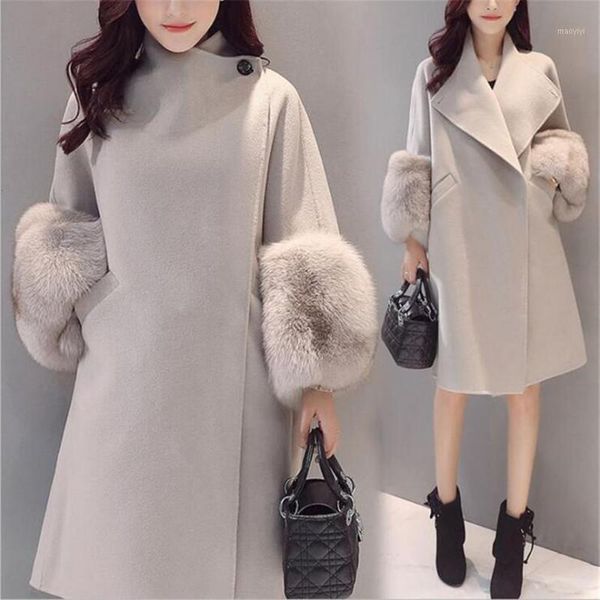 

new autumn winter women coat plus size fashion loose solid covered button slim md-long woolen blends coat for women outerwear1, Black