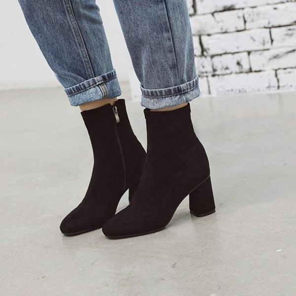 

boots 2021 winter stretch fabric woman booties block high heel for women solid color red ankle big size 33-48, Black