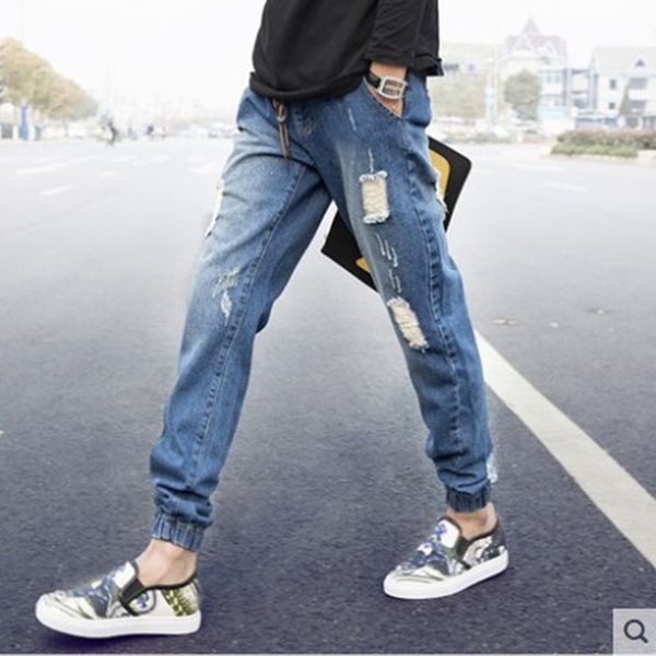 

autumn and spring holed jeans cropped pants harlan leggings men's, Blue