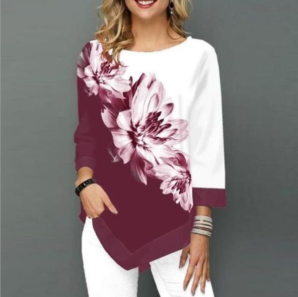 

2021 shirt women spring floral print o-neck blouse 3/4 sleeve casual hem irregularity female fashion shirt plus size, White