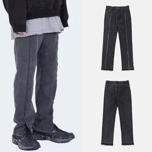 

high street retro non-mainstream lines trousers slit design dark washing retro straight-cut jeans mopping trousers fashion1, Blue