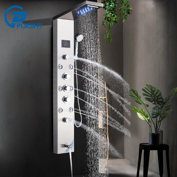 

stainless steel wall mount column panel tower system led rain waterfall jets tap hand shower tub 1011