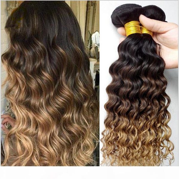 

three tone 1b 4 27 brown blonde ombre deep wave wavy human hair extensions 3pcs lot honey blonde ombre deep curly hair bundles, Black
