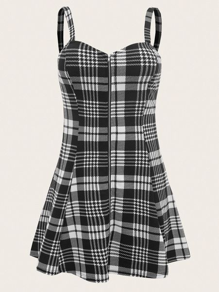 

plus plaid exposed zipper front cami dress 899j#, Black
