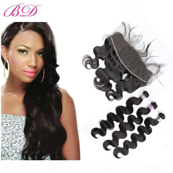 

bd body wave hair bundles with frontal malaysian non remy human hair weave pre plucked lace frontal closure with bundles, Black;brown