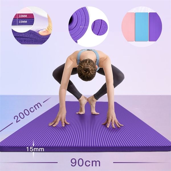 200 CM * 90 cm Yoga Paspaslar 15mm Ekstra Kalınlık Kaymaz Esterla Pilates Ev Egzersizleri Spor Spor Dans Mat Tatsız Fitness Pad 201211