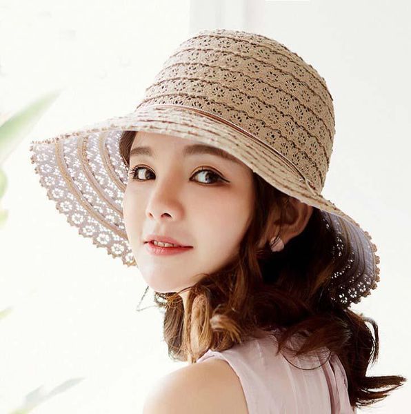 

lace hollow large brim hats women spring summer leisure fisherman hat fold sunscreen beach travel hats1, Blue;gray
