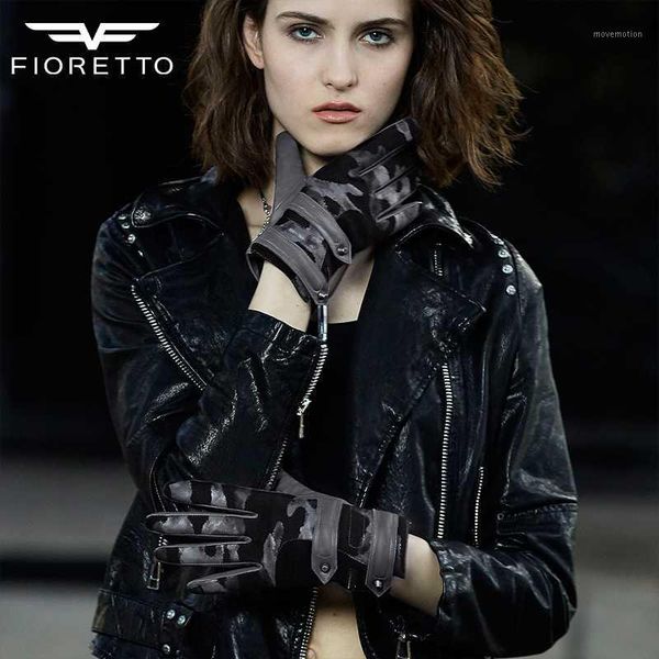 

fioretto genuine leather gloves for women camouflage touch screen thermal lined leather driving gloves winter mittens buckles1, Blue;gray
