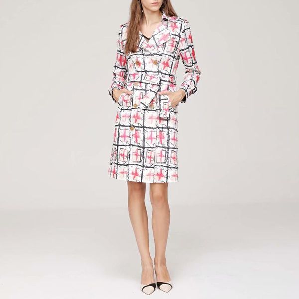 

women's trench coats windbreaker autumn casual fashion plaid graffiti printed belt long sleeve slim vintage chic jacket, Tan;black