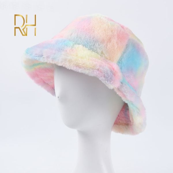 

faux fur winter bucket hat for women girl fashion rainbow soft warm fishing cap outdoor vacation hat cap lady panama rh y200714, Blue;gray