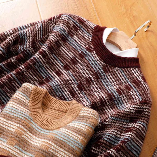 

pullover cardigan sweaters autumn and winter 2021 men's round neck stripe bottomed color matching loose casual wool, White;black