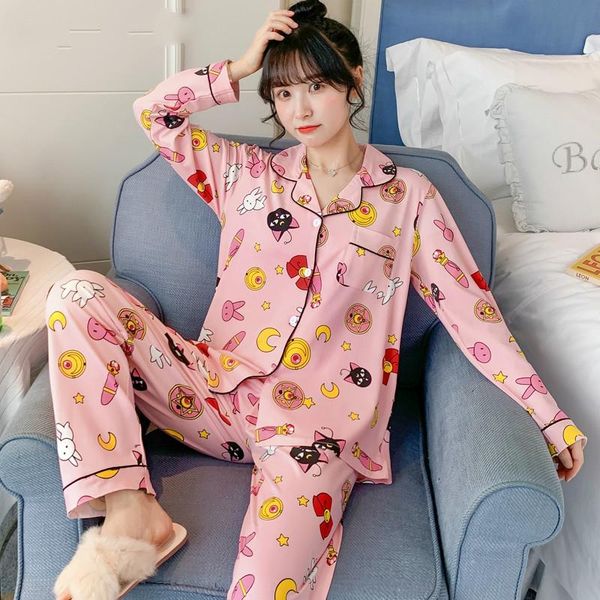 

designer cute sailor moon print pajamas sets for women long sleeve cotton sleepwear pink pijama mujer female nightsuit, White