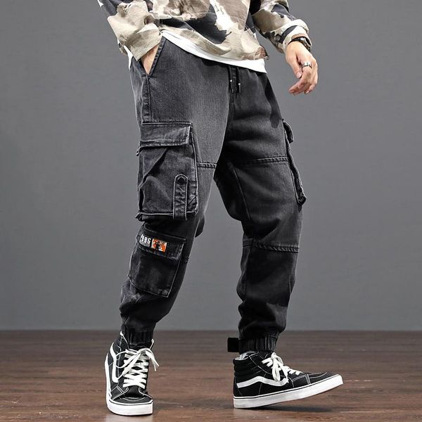 

fashion streetwear men jeans loose fit black gray multi pockets cargo pants japanese vintage designer hip hop jeans men joggers, Blue
