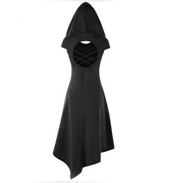 

women vintage asymmetrical gothic witch costume hooded back cross cut open handkerchief dress medieval gown robe for ladies, Black;gray
