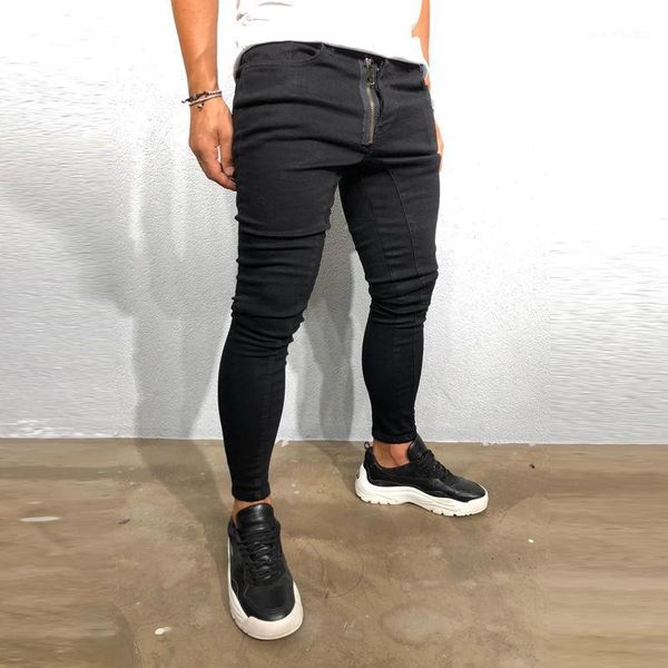 

men's jeans men eu size men's fashion zipper embellished black slim denim trousers1, Blue