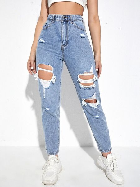 

high waist ripped mom jeans m4p8#, Blue