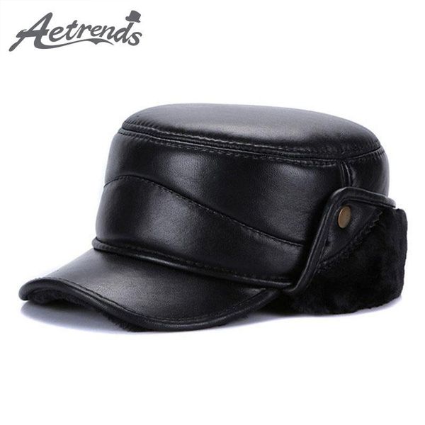 

wide brim hats [aetrends] winter hat with ear flaps leather for men flat cap dad captain army sailor caps z-6722, Blue;gray