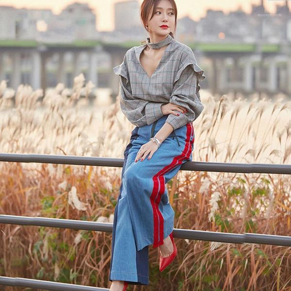 

boyfriend jeans women wide legs jeans 2019 fasion high waist velvet spliced denim streetwear full length women's denim pants1, Blue