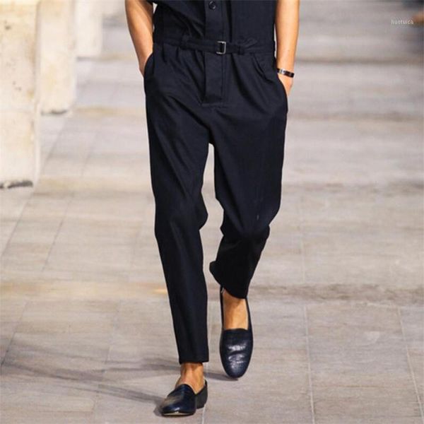 

korean fashion men jumpsuits cargo casual streetwear overalls pencil pants slim fit long sleeve one piece jumpsuit1, Black