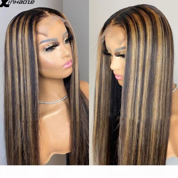 

ombre straight highlight blonde 13*6 t part lace front human hair wigs 180% 5x5'' silk base lace front wigs preplucked baby hair, Black;brown