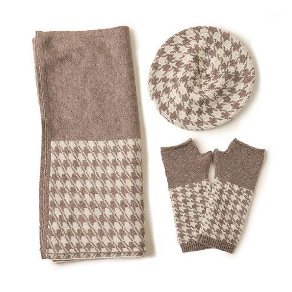 

beanies three-piece 100 pure cashmere hat gloves scarf sets women fashion 2021 autumn and winter knitted houndstooth1