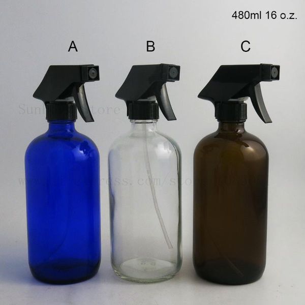 

240pcs 480ml 16 oz amber clear blue boston round glass essential oil cleaning watering bottle with black trigger sprayer1