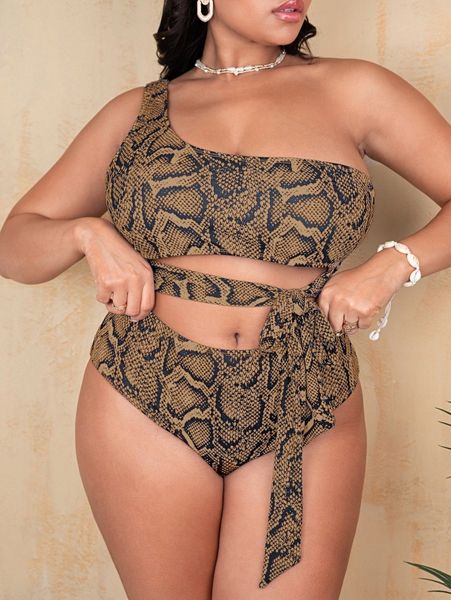 

plus snakeskin print one shoulder one piece swimsuit 77wi#, Black